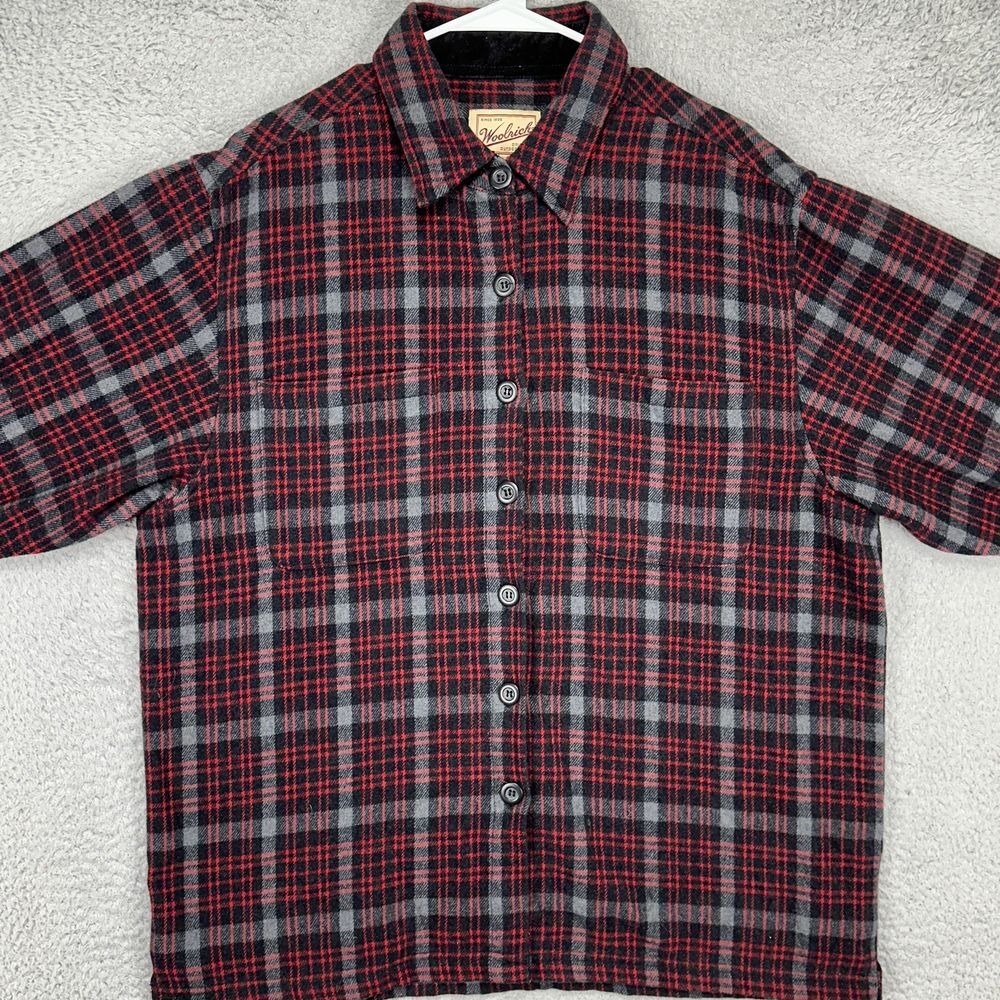 Woolrich Flannel Shirt Womens Large Red Black Plaid Button Up Elbow Patch Casual - Picture 2 of 9